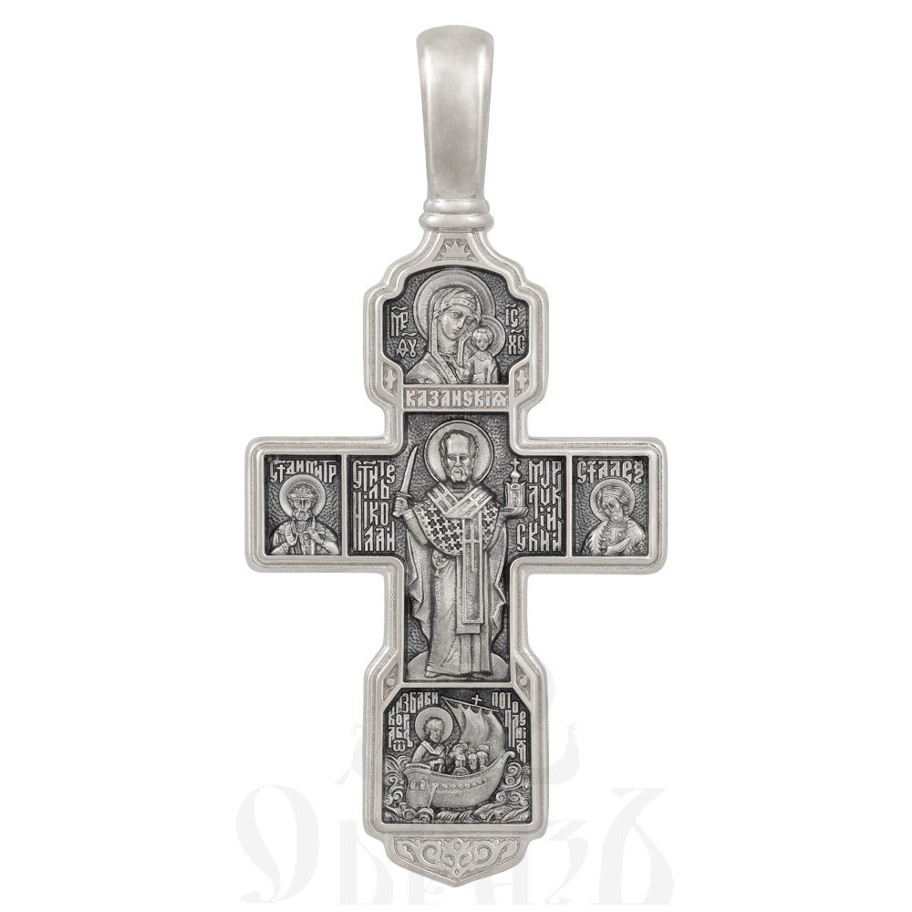 крест «распятие христово. архангел михаил. николай чудотворец. казанская икона.», золото 585 проба белое (арт. 201.559-3)