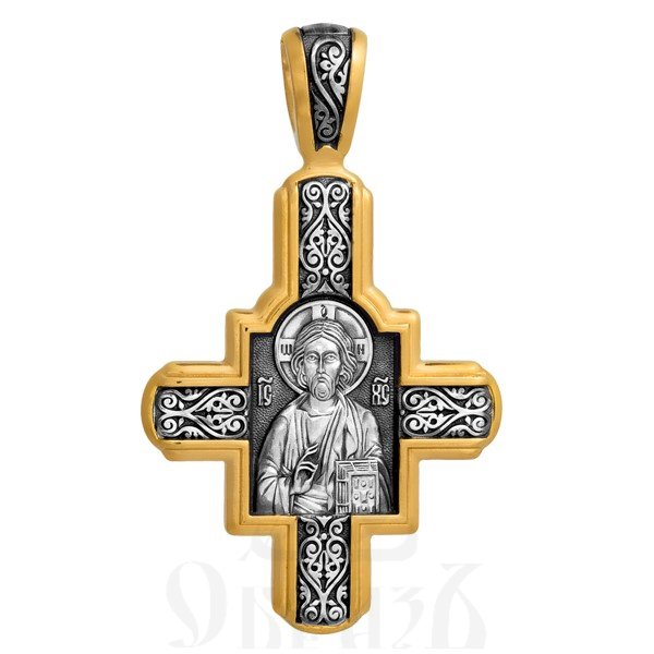 крест «господь вседержитель. великомученик пантелеимон целитель», серебро 925 проба с золочением (арт. 101.064)