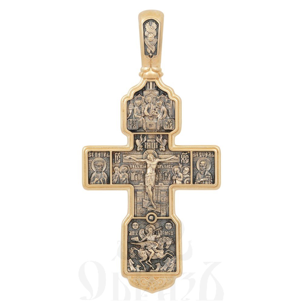 крест «распятие христово. архангел михаил. николай чудотворец. казанская икона.», золото 585 проба желтое (арт. 201.559)